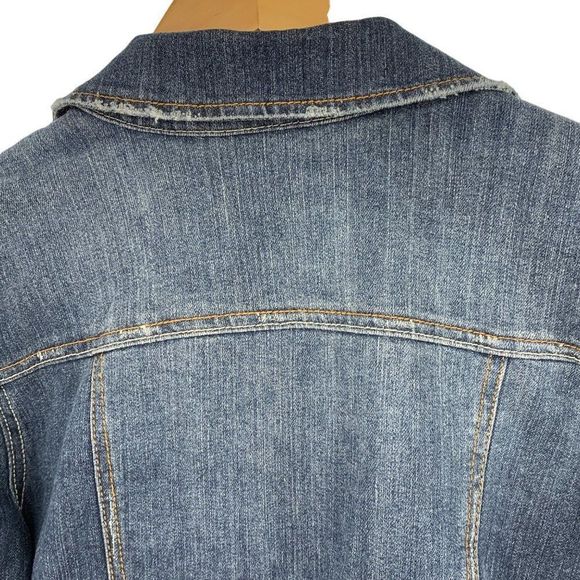 Womens Celebrity Pink Denim Jacket Size L Distress Crop Stretch 2350 EUC Dark - Picture 7 of 11